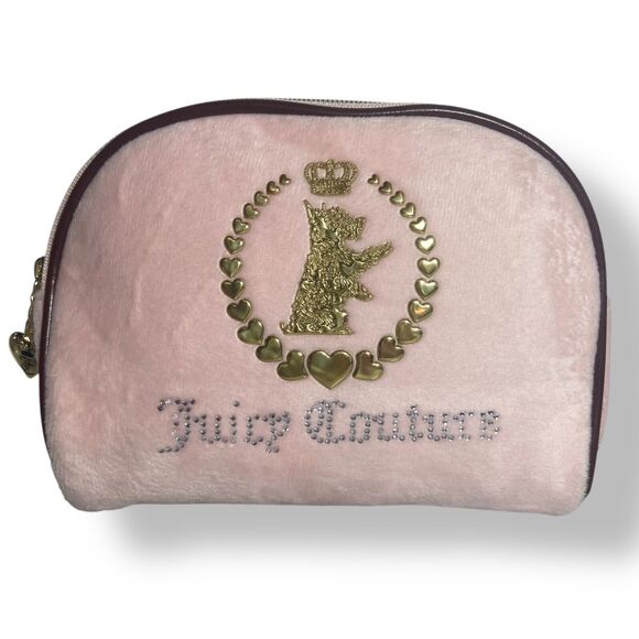 Juicy Couture Cosmetic Make Up Bag Pouch Case Pink Velour Rhinestones Logo Zip - Picture 1 of 9